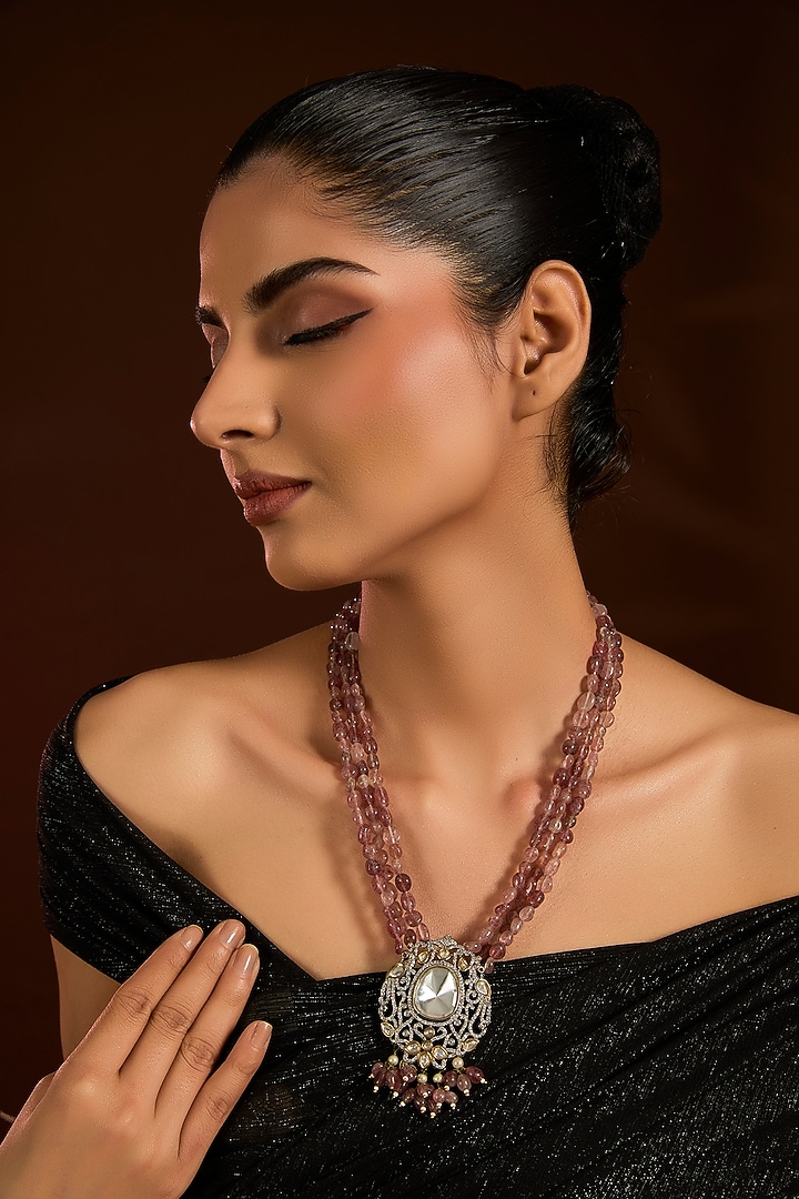 Silver Kundan Polki & Purple Beaded Long Necklace by VASTRAA Jewellery at Pernia's Pop Up Shop