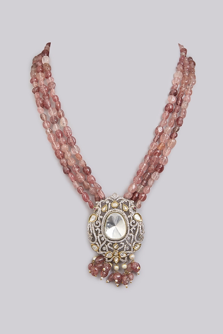 Silver Kundan Polki & Purple Beaded Long Necklace by VASTRAA Jewellery at Pernia's Pop Up Shop