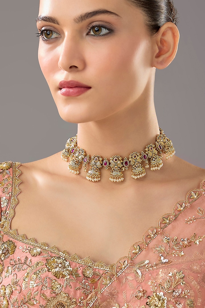 Gold Finish Ruby Synthetic Stone Choker Necklace by VASTRAA Jewellery at Pernia's Pop Up Shop