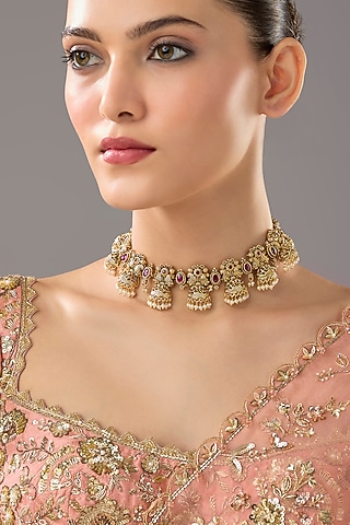 Gold Finish Ruby Synthetic Stone Choker Necklace by VASTRAA Jewellery