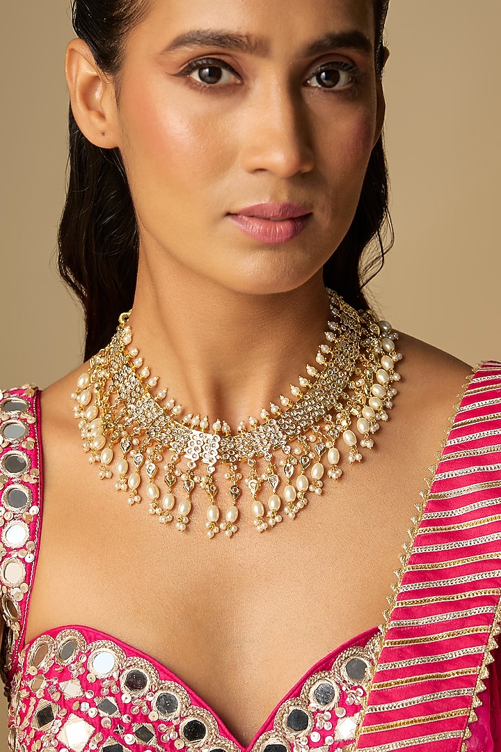 Gold Finish Mixed Metal Necklace by VASTRAA Jewellery at Pernia's Pop Up Shop