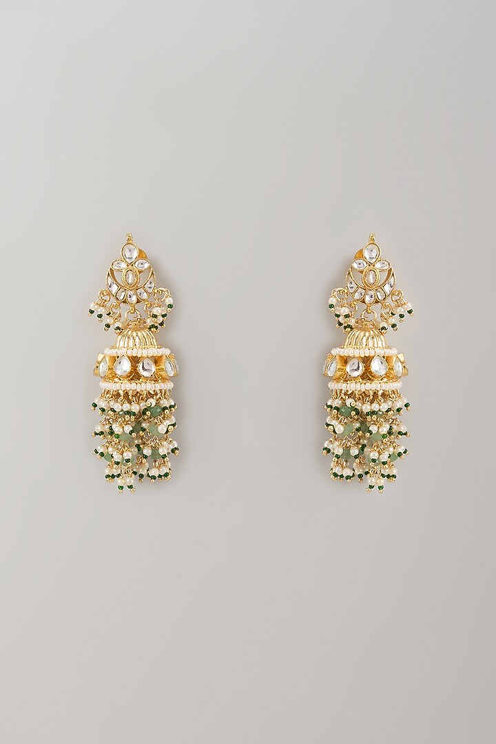 Gold Finish Kundan Polki & Pearl Jhumka Earrings by VASTRAA Jewellery at Pernia's Pop Up Shop