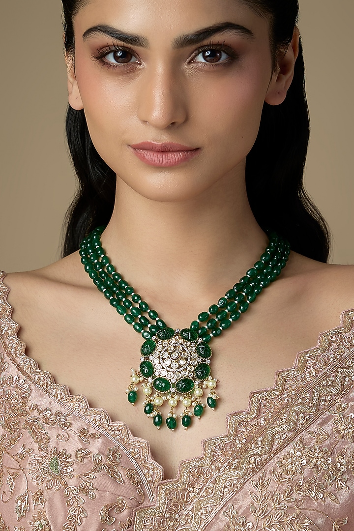 Gold Finish Green Emerald Stone Necklace by VASTRAA Jewellery at Pernia's Pop Up Shop