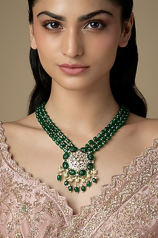 Gold Finish Green Emerald Stone Necklace by VASTRAA Jewellery