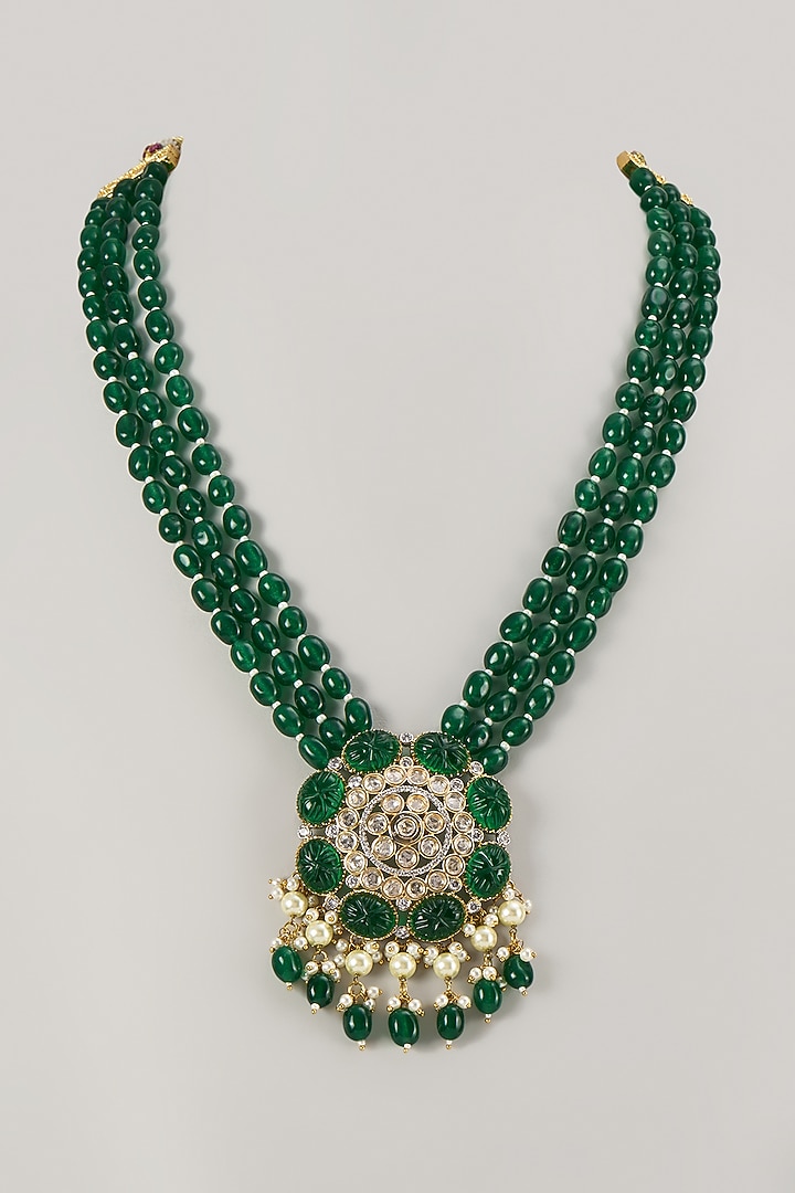 Gold Finish Green Emerald Stone Necklace by VASTRAA Jewellery at Pernia's Pop Up Shop