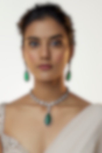 Silver Finish Green Emerald Stone Dangler Earrings by VASTRAA Jewellery at Pernia's Pop Up Shop