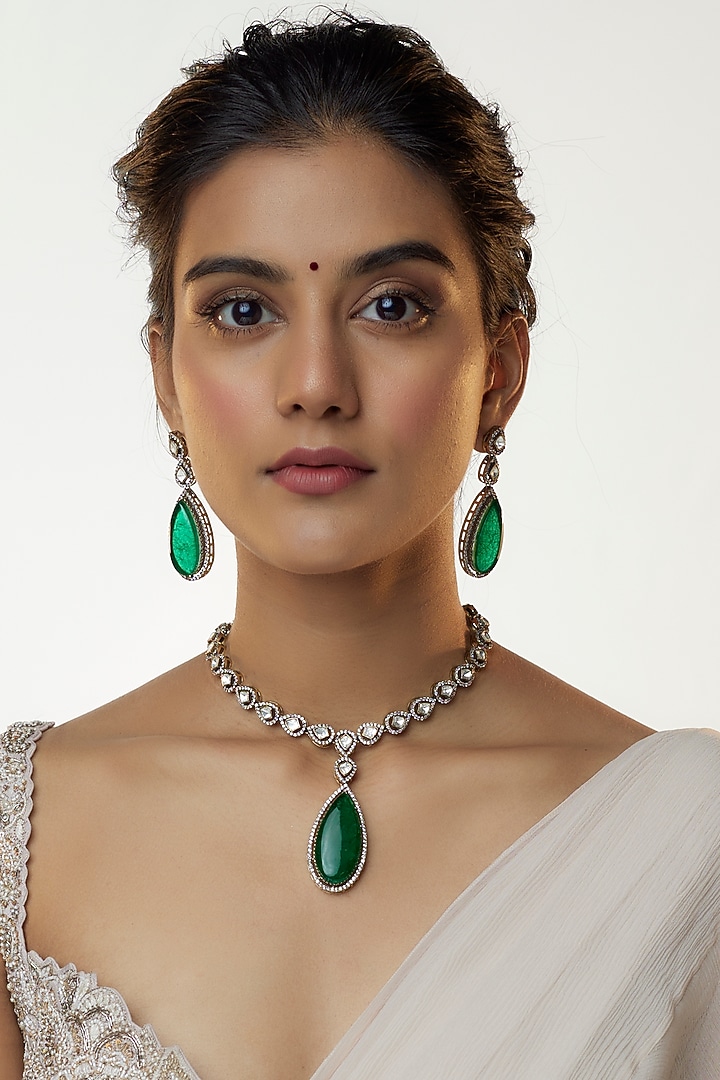 Silver Finish Green Emerald Stone Dangler Earrings by VASTRAA Jewellery at Pernia's Pop Up Shop