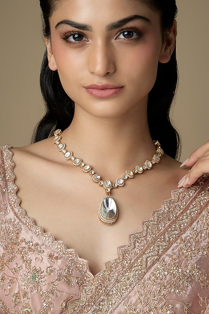 White Finish Kundan Polki Necklace by VASTRAA Jewellery at Pernia's Pop Up Shop