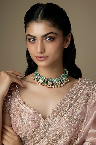 Gold Finish Synthetic Stone Necklace by VASTRAA Jewellery