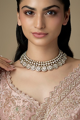 White Finish Kundan Polki Necklace by VASTRAA Jewellery