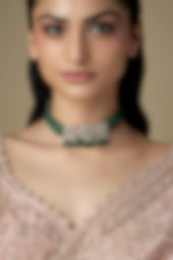 Gold Finish Emerald Synthetic Stone Necklace Set by VASTRAA Jewellery at Pernia's Pop Up Shop