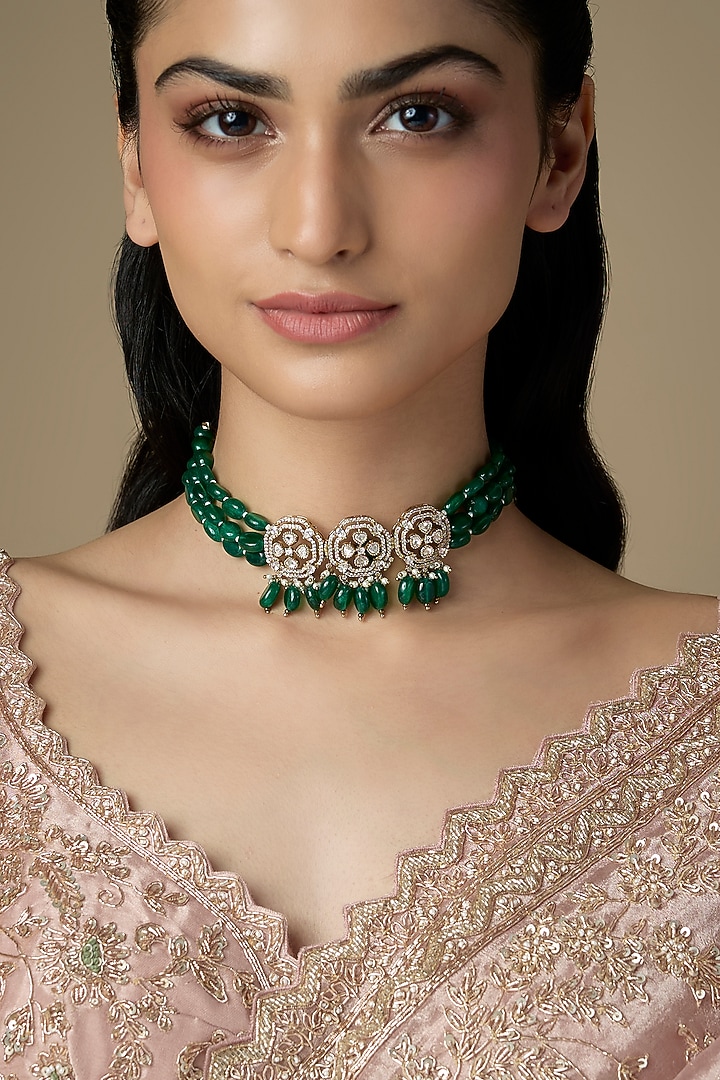 Gold Finish Emerald Synthetic Stone Necklace Set by VASTRAA Jewellery at Pernia's Pop Up Shop