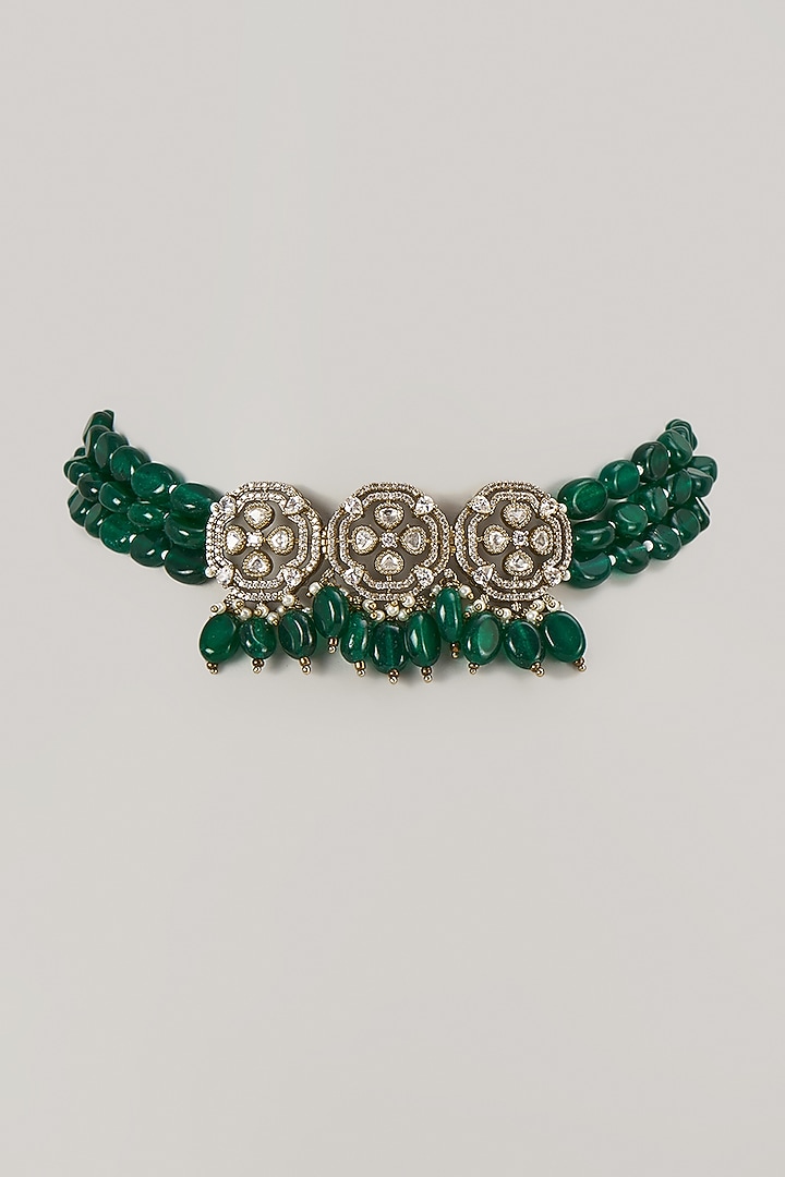 Gold Finish Emerald Synthetic Stone Necklace Set by VASTRAA Jewellery at Pernia's Pop Up Shop