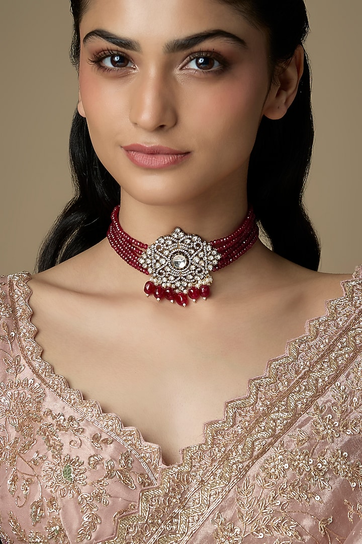 Gold Finish Ruby Synthetic Stone Choker Necklace by VASTRAA Jewellery at Pernia's Pop Up Shop