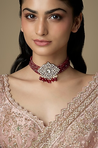 Gold Finish Ruby Synthetic Stone Choker Necklace by VASTRAA Jewellery