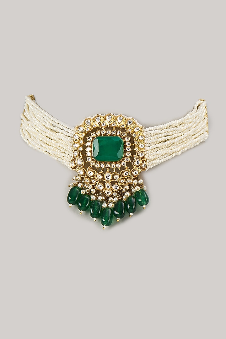 White Finish Emerald Synthetic Stone Necklace by VASTRAA Jewellery at Pernia's Pop Up Shop