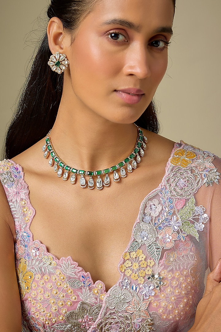 Gold Finish Kundan Polki & Emerald Stone Necklace Set by VASTRAA Jewellery at Pernia's Pop Up Shop