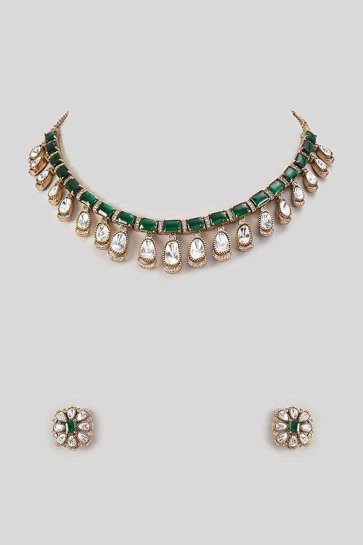 Gold Finish Kundan Polki & Emerald Stone Necklace Set by VASTRAA Jewellery at Pernia's Pop Up Shop