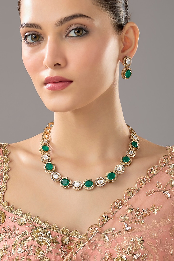 Gold Finish Emerald Synthetic Stone Necklace Set by VASTRAA Jewellery at Pernia's Pop Up Shop