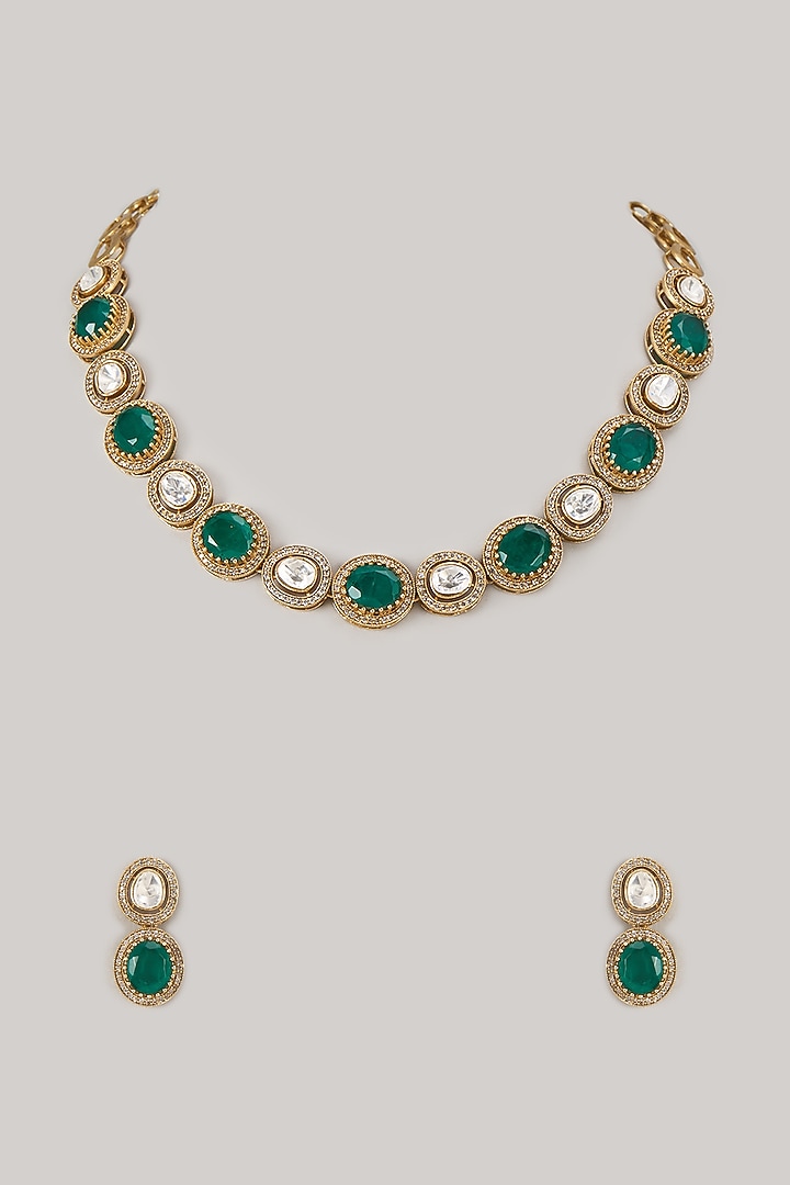 Gold Finish Emerald Synthetic Stone Necklace Set by VASTRAA Jewellery at Pernia's Pop Up Shop