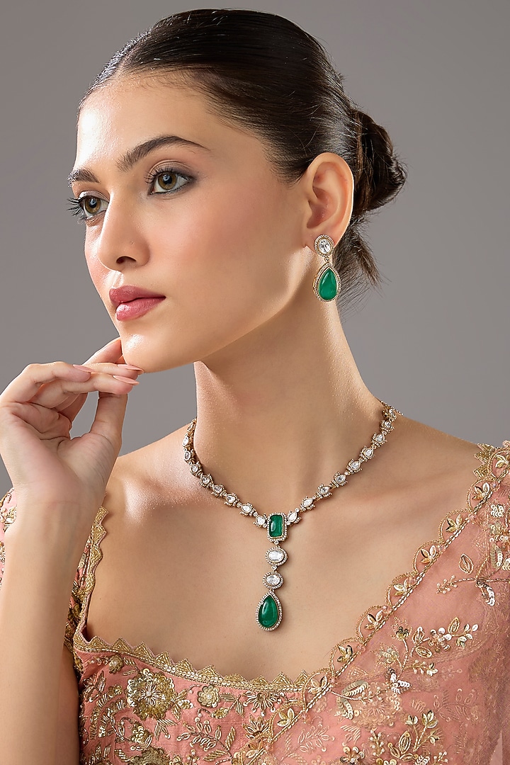 Gold Finish Emerald Synthetic Stone Necklace Set by VASTRAA Jewellery at Pernia's Pop Up Shop