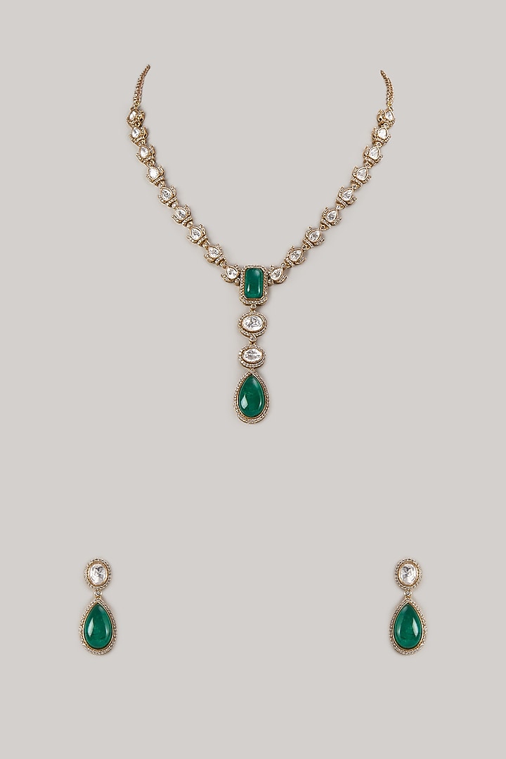 Gold Finish Emerald Synthetic Stone Necklace Set by VASTRAA Jewellery at Pernia's Pop Up Shop