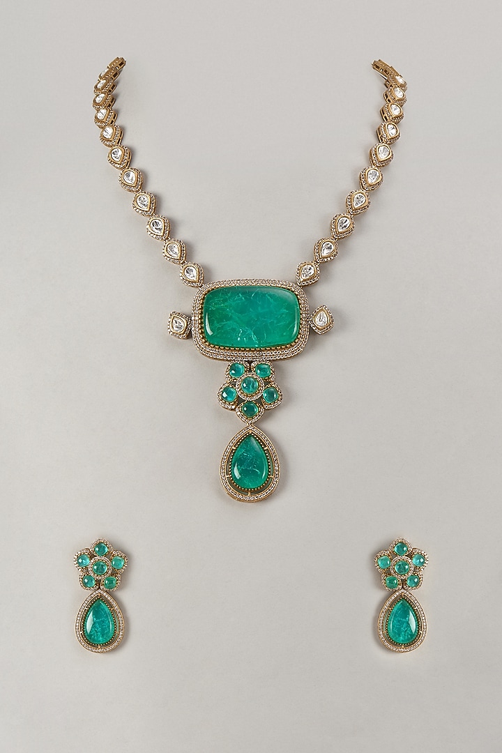 Gold Finish Green Stone Necklace Set by VASTRAA Jewellery at Pernia's Pop Up Shop