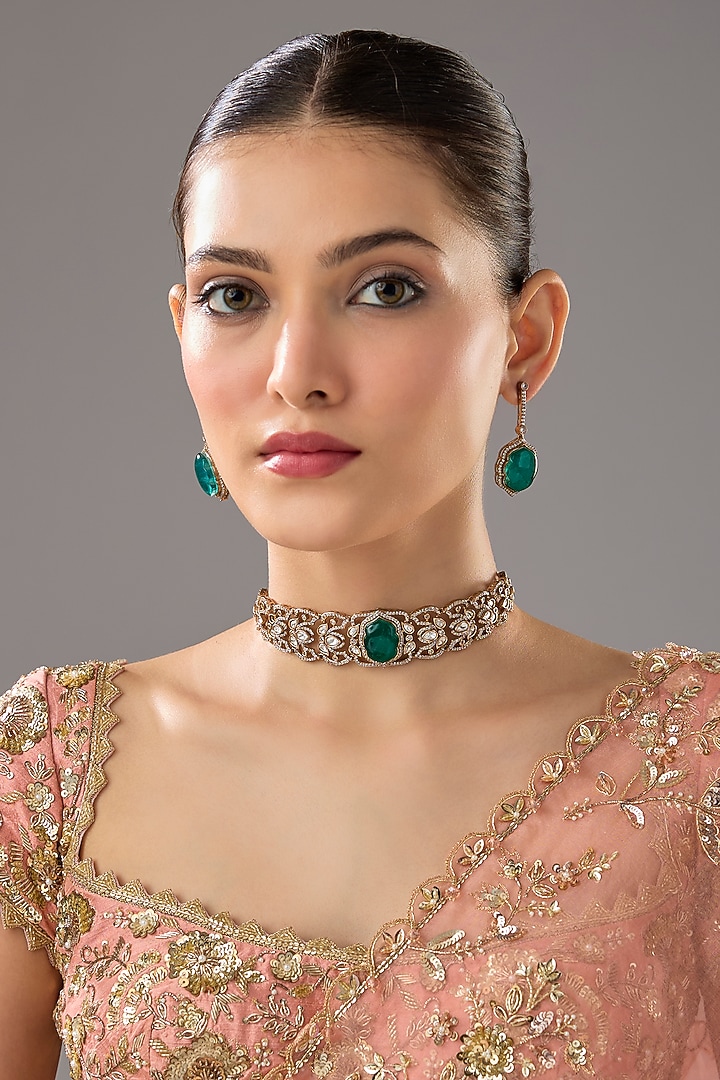 Gold Finish Emerald Synthetic Stone Choker Necklace Set by VASTRAA Jewellery at Pernia's Pop Up Shop