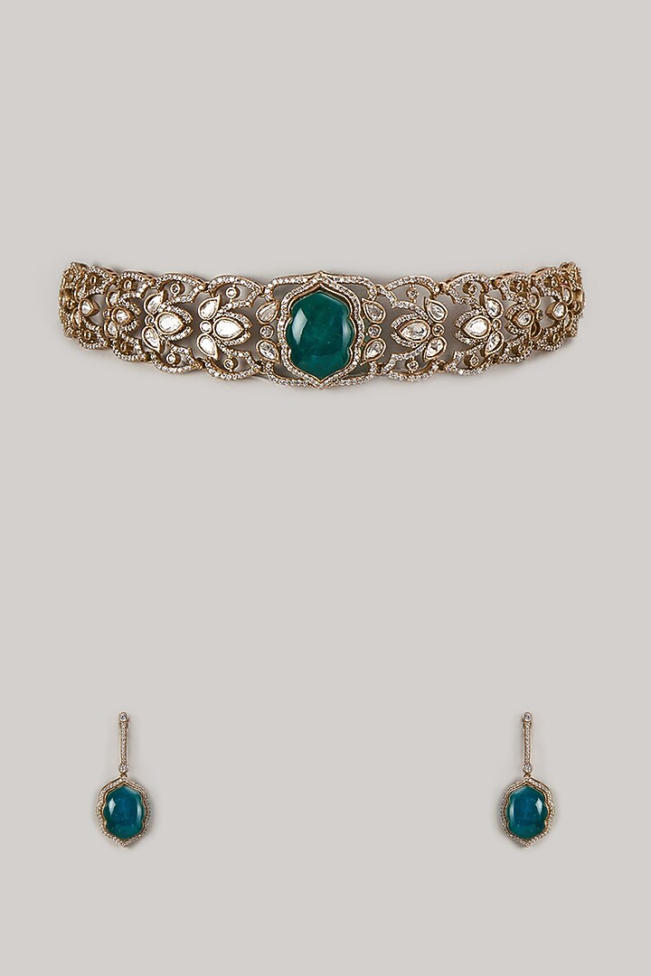 Gold Finish Emerald Synthetic Stone Choker Necklace Set by VASTRAA Jewellery at Pernia's Pop Up Shop