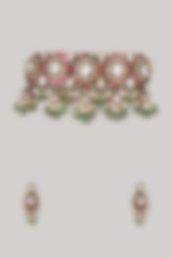 Gold Finish Multi-Colored Stone Choker Necklace Set by VASTRAA Jewellery at Pernia's Pop Up Shop