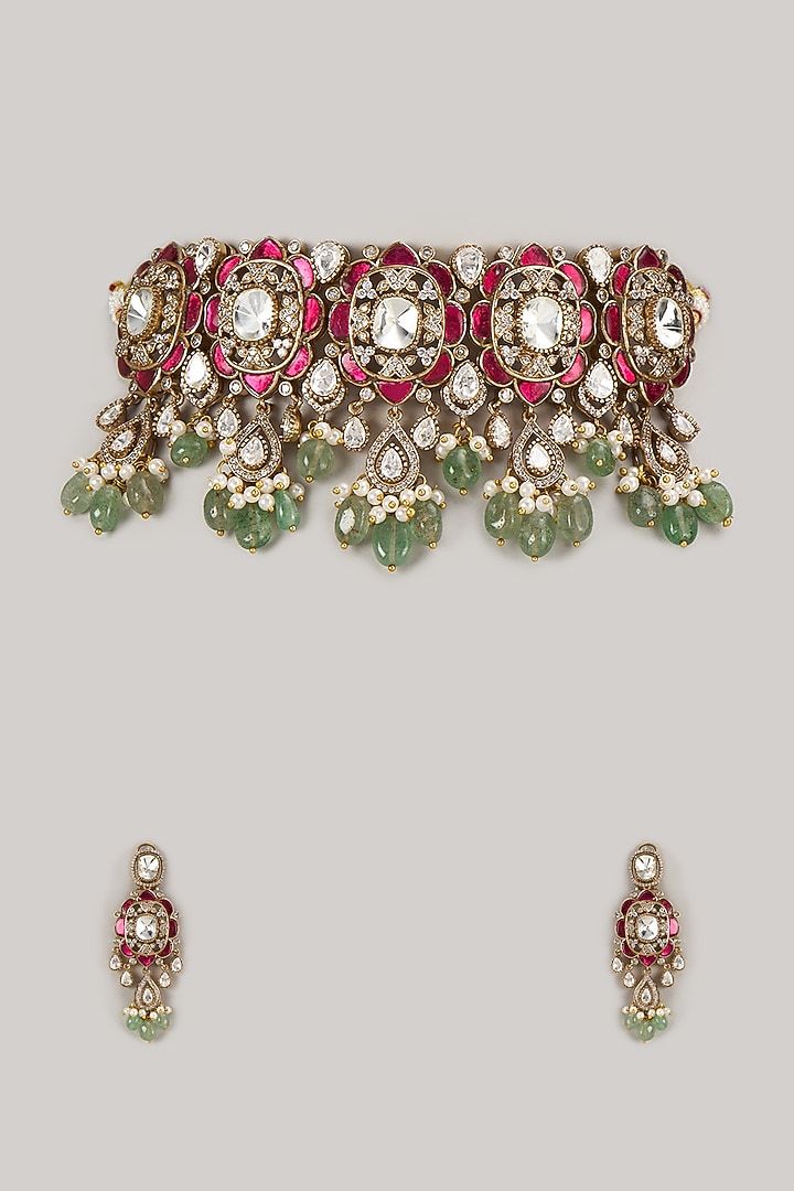 Gold Finish Multi-Colored Stone Choker Necklace Set by VASTRAA Jewellery at Pernia's Pop Up Shop