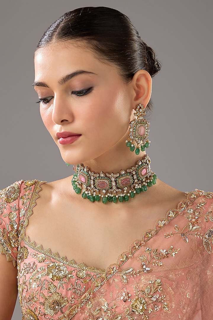 Gold Finish Emerald Synthetic Stone Choker Necklace Set by VASTRAA Jewellery at Pernia's Pop Up Shop
