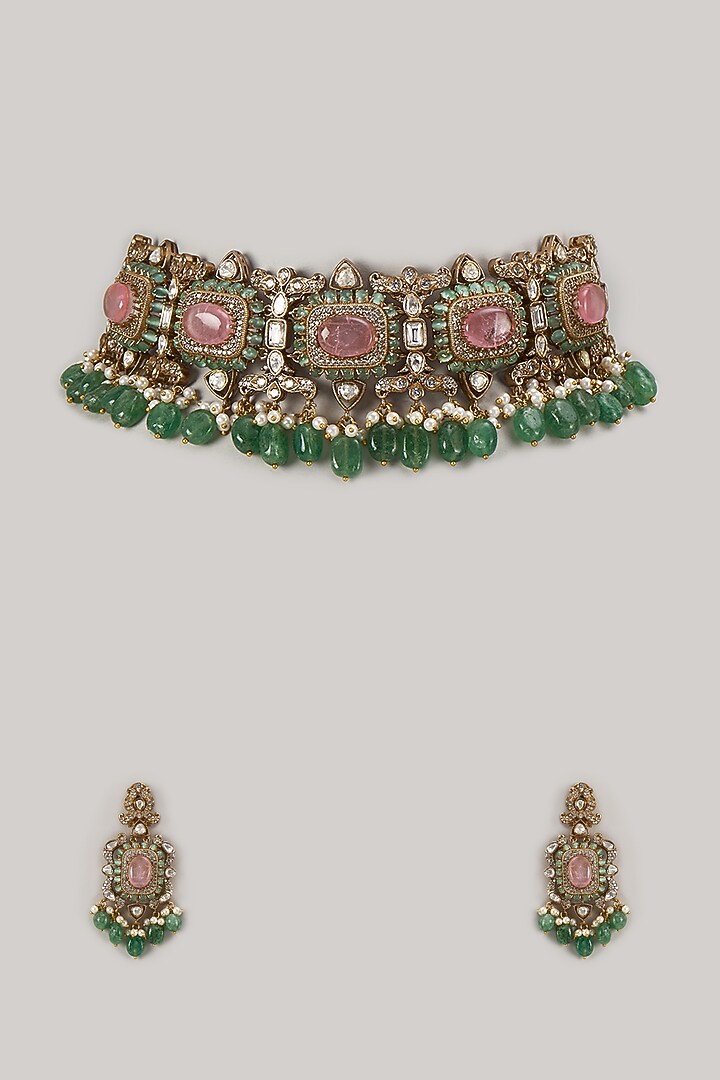 Gold Finish Emerald Synthetic Stone Choker Necklace Set by VASTRAA Jewellery at Pernia's Pop Up Shop