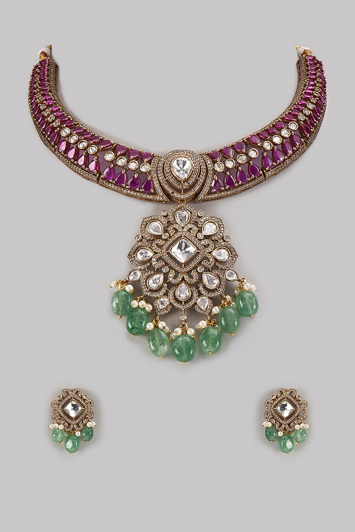 Gold Finish Kundan Polki & Ruby Stone Necklace Set by VASTRAA Jewellery at Pernia's Pop Up Shop