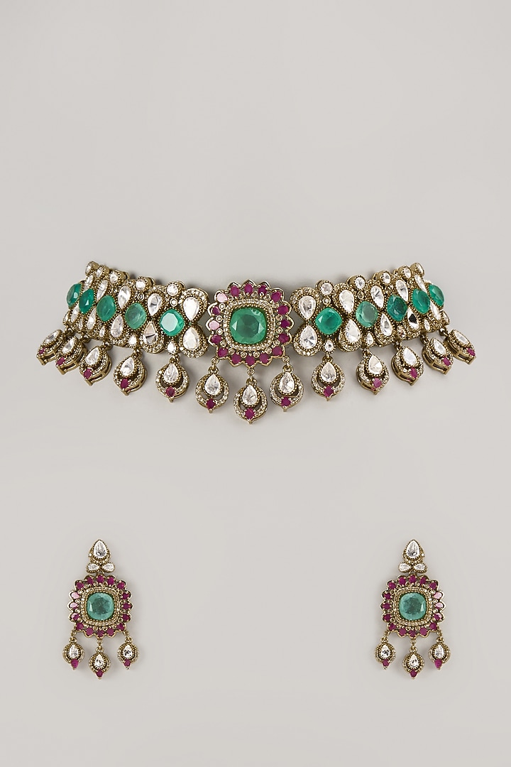 Gold Finish Emerald Synthetic Stone Choker Necklace Set by VASTRAA Jewellery at Pernia's Pop Up Shop