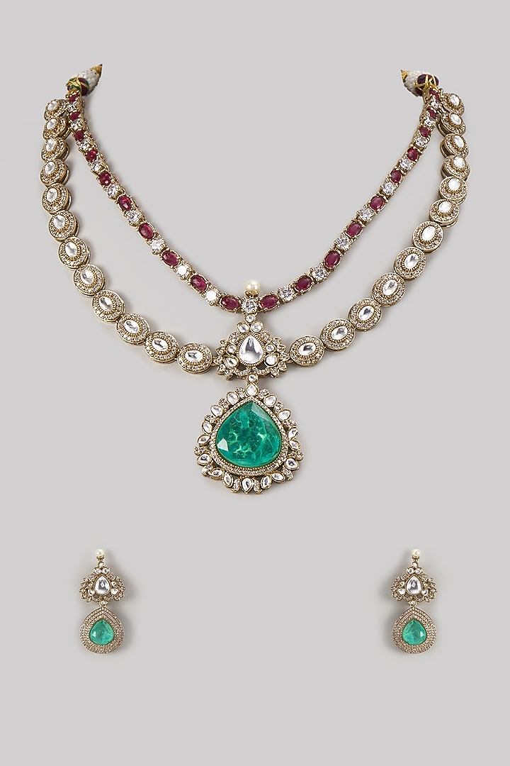 Gold Finish Kundan Polki & Emerald Stone Necklace Set by VASTRAA Jewellery at Pernia's Pop Up Shop