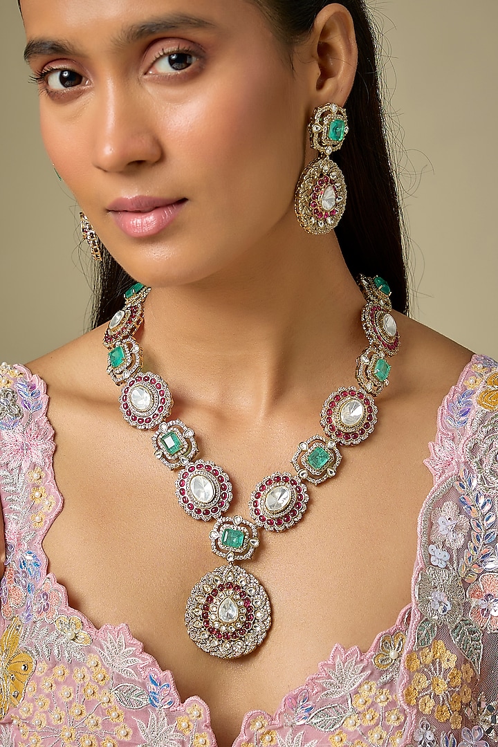 Gold Finish Kundan Polki & Multi-Colored Stone Necklace Set by VASTRAA Jewellery at Pernia's Pop Up Shop