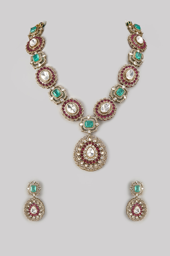 Gold Finish Kundan Polki & Multi-Colored Stone Necklace Set by VASTRAA Jewellery at Pernia's Pop Up Shop