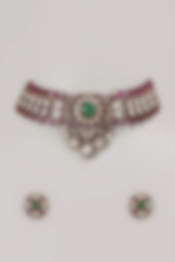 Gold Finish Multi-Colored Stone Choker Necklace Set by VASTRAA Jewellery at Pernia's Pop Up Shop