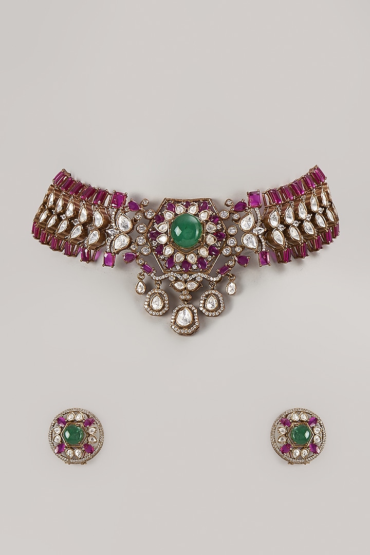 Gold Finish Multi-Colored Stone Choker Necklace Set by VASTRAA Jewellery at Pernia's Pop Up Shop