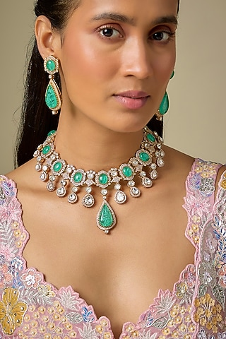 Gold Finish Kundan Polki & Emerald Stone Necklace Set by VASTRAA Jewellery