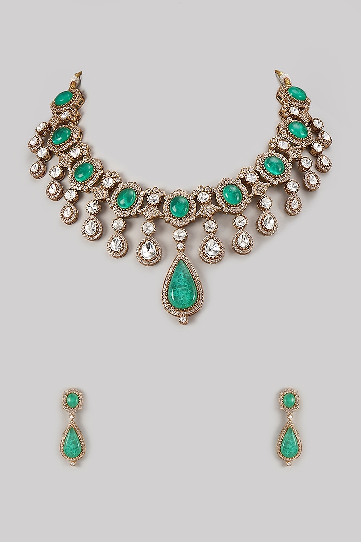 Gold Finish Kundan Polki & Emerald Stone Necklace Set by VASTRAA Jewellery at Pernia's Pop Up Shop