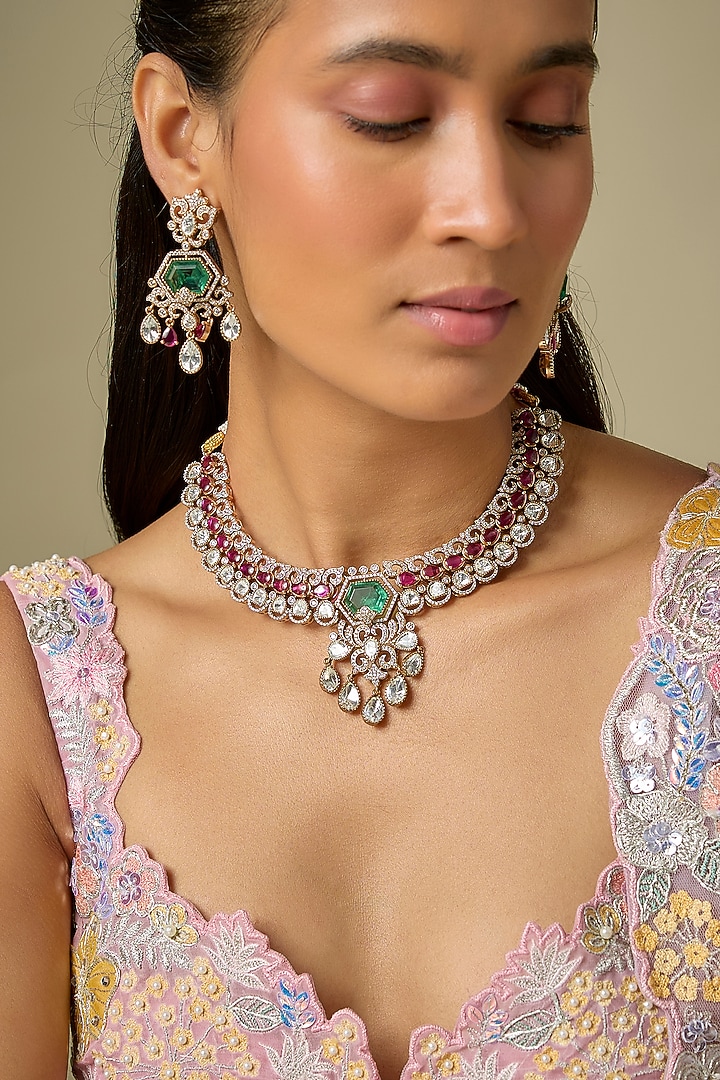 Gold Finish Kundan Polki & Ruby Stone Necklace Set by VASTRAA Jewellery at Pernia's Pop Up Shop