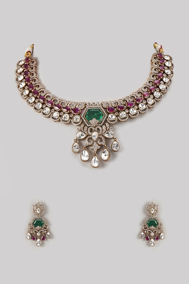 Gold Finish Kundan Polki & Ruby Stone Necklace Set by VASTRAA Jewellery at Pernia's Pop Up Shop