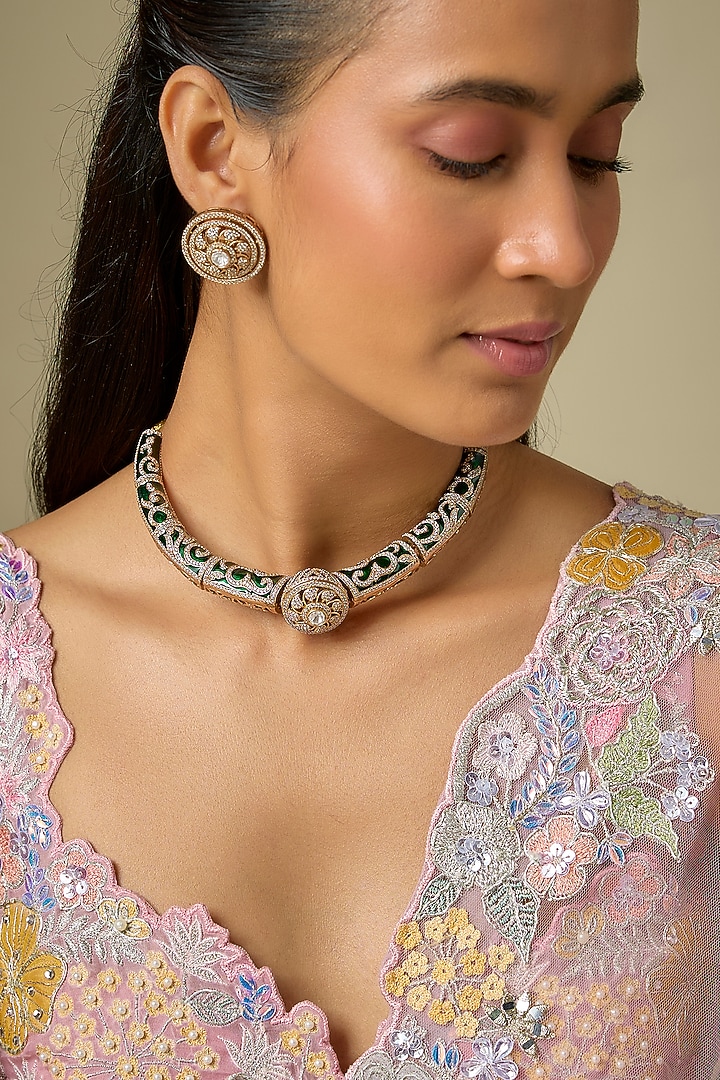 Gold Finish Kundan Polki Necklace Set by VASTRAA Jewellery at Pernia's Pop Up Shop