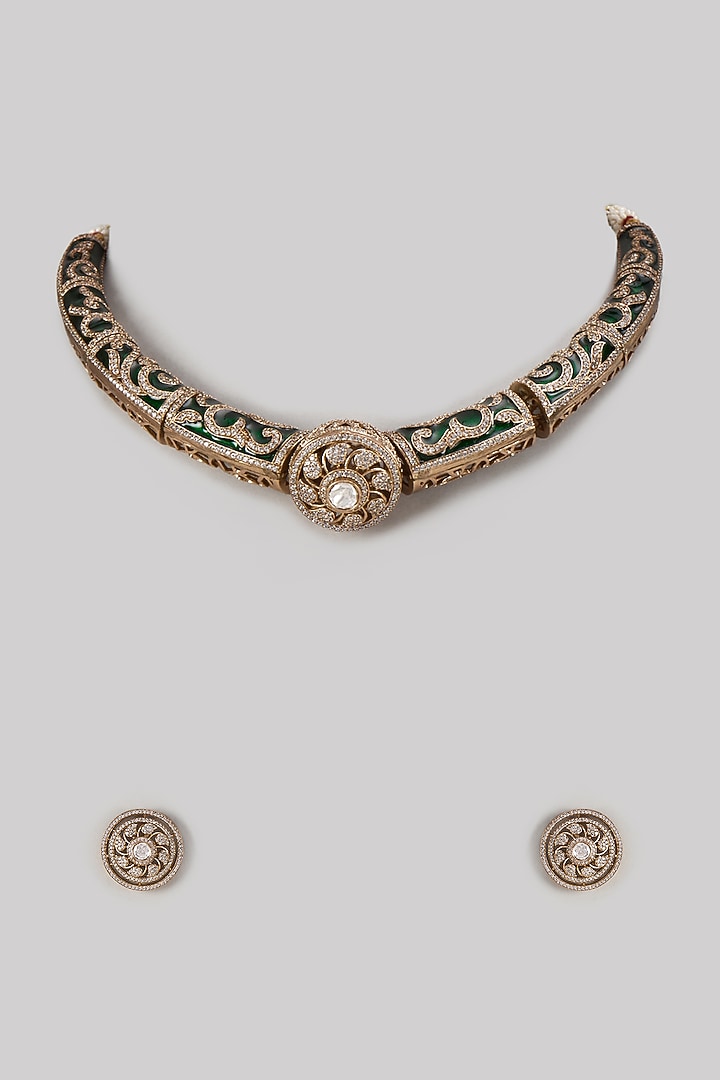 Gold Finish Kundan Polki Necklace Set by VASTRAA Jewellery at Pernia's Pop Up Shop