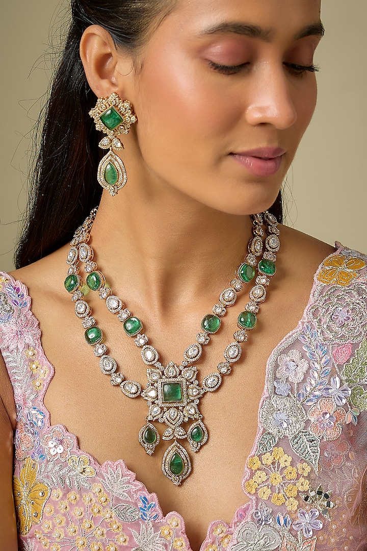 Gold Finish Kundan Polki & Emerald Stone Necklace Set by VASTRAA Jewellery at Pernia's Pop Up Shop