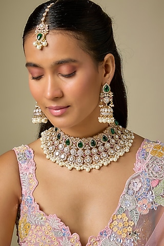 Gold Finish Kundan Polki & Emerald Stone Necklace Set by VASTRAA Jewellery