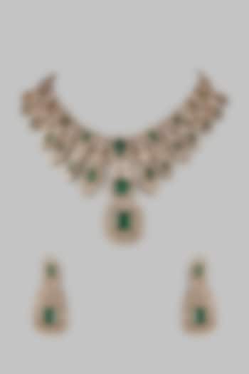 Gold Finish Green Stone Necklace Set by VASTRAA Jewellery at Pernia's Pop Up Shop