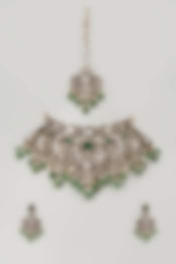 Gold Finish Jade Stone Choker Necklace Set by VASTRAA Jewellery at Pernia's Pop Up Shop